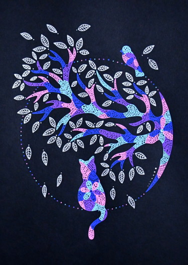 Zeichnungen mit dem Titel "chat et arbre" von Axbane, Original-Kunstwerk, Acryl