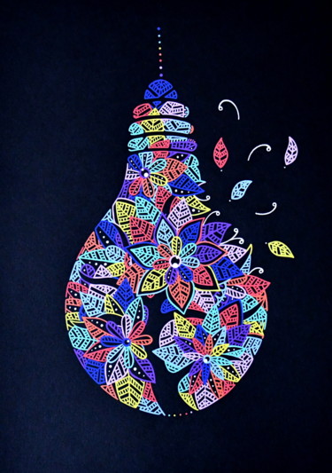 Dessin intitulée "Ampoule et arbre" par Axbane, Œuvre d'art originale, Acrylique