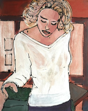 Malerei mit dem Titel "La fille au pull bl…" von Ax Creart, Original-Kunstwerk, Acryl