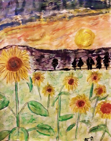 Painting titled "Girasoles estilo Va…" by Axel Frías, Original Artwork, Oil Mounted on Glass