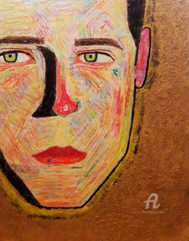 Painting titled "Rostro hecho con cr…" by Axel Frías, Original Artwork, Oil Mounted on Glass