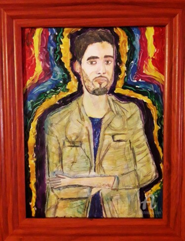 Painting titled "Self portrait (auto…" by Axel Frías, Original Artwork, Oil Mounted on Glass