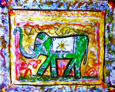 Schilderij getiteld "El elefante verde" door Axel Frías, Origineel Kunstwerk, Olie Gemonteerd op Glas