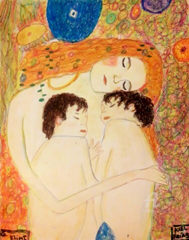 Painting titled "Madre con gemelos (…" by Axel Frías, Original Artwork, Wax Mounted on Glass