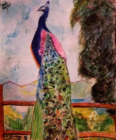 Painting titled "Pavo real" by Axel Frías, Original Artwork, Watercolor Mounted on Glass