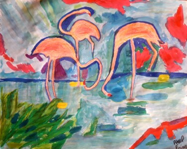 Peinture intitulée "Flamencos fovistas" par Axel Frías, Œuvre d'art originale, Aquarelle Monté sur Verre