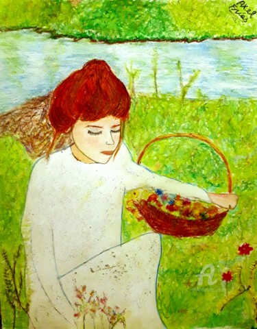 绘画 标题为“Mujer recogiendo fl…” 由Axel Frías, 原创艺术品, 粉彩 安装在玻璃上