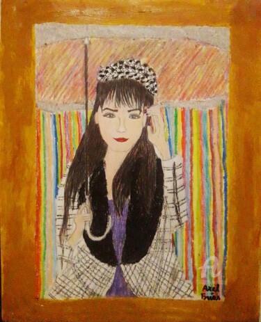 Ζωγραφική με τίτλο "Chica con paraguas…" από Axel Frías, Αυθεντικά έργα τέχνης, Παστέλ Τοποθετήθηκε στο Ποτήρι