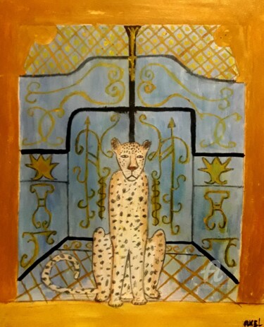 Painting titled "Leopardo" by Axel Frías, Original Artwork, Oil Mounted on Glass