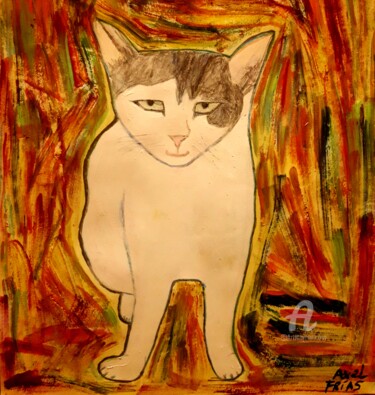 Pittura intitolato "Gato con fondo abst…" da Axel Frías, Opera d'arte originale, Olio