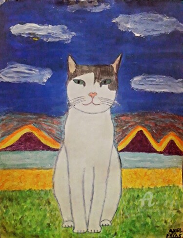 Pintura titulada "Gato estilo Naif" por Axel Frías, Obra de arte original, Acuarela