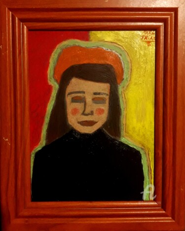 Painting titled "La chica de la boina" by Axel Frías, Original Artwork, Oil Mounted on Wood Panel