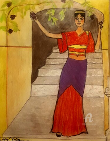 Painting titled "Mujer joven recogie…" by Axel Frías, Original Artwork, Watercolor Mounted on Glass