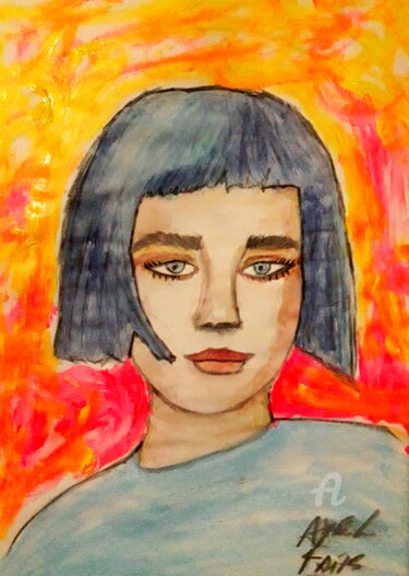 Painting titled "portrait de femme a…" by Axel Frías, Original Artwork, Watercolor Mounted on Glass