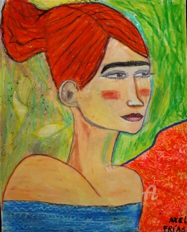 Painting titled "Chica con uniceja" by Axel Frías, Original Artwork, Pastel Mounted on Glass