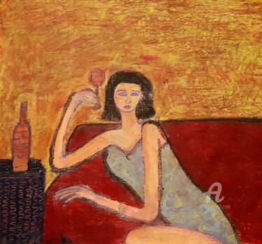 Painting titled "Sola con la soledad" by Axel Frías, Original Artwork, Oil Mounted on Glass