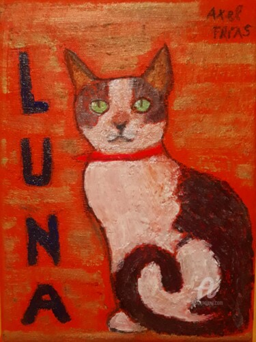 Painting titled "Mi gata Luna bebé" by Axel Frías, Original Artwork, Oil Mounted on Wood Panel