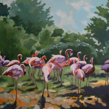 Ζωγραφική με τίτλο "Flamingos in Paris" από Axel Jung, Αυθεντικά έργα τέχνης, Λάδι