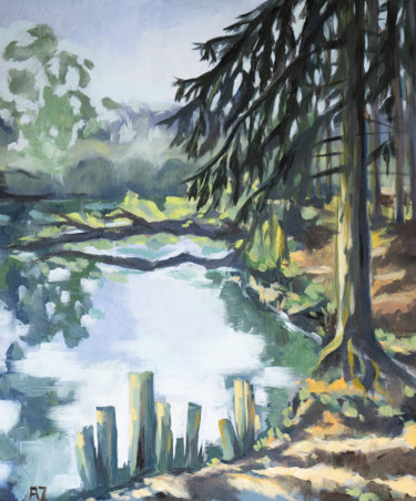 Malerei mit dem Titel "Weiher in Taunusste…" von Axel Jung, Original-Kunstwerk, Öl