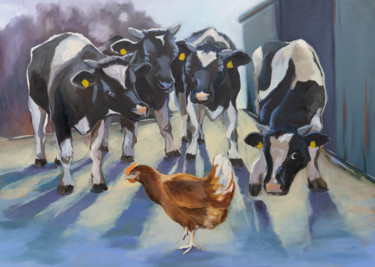 Painting titled "Cows looking at chi…" by Axel Jung, Original Artwork, Oil Mounted on Wood Stretcher frame