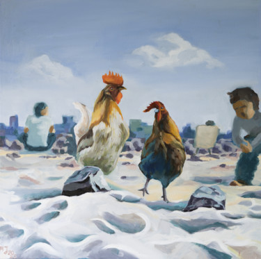 Malerei mit dem Titel "Chicken on the Beac…" von Axel Jung, Original-Kunstwerk, Öl