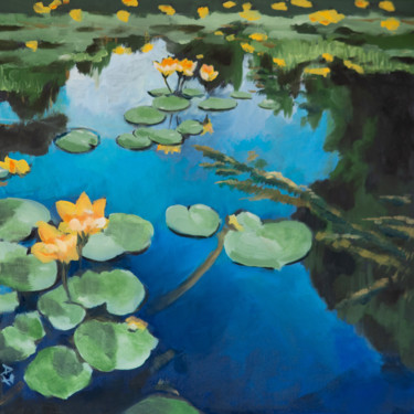 Painting titled "Water lilies" by Axel Jung, Original Artwork, Oil Mounted on Wood Stretcher frame
