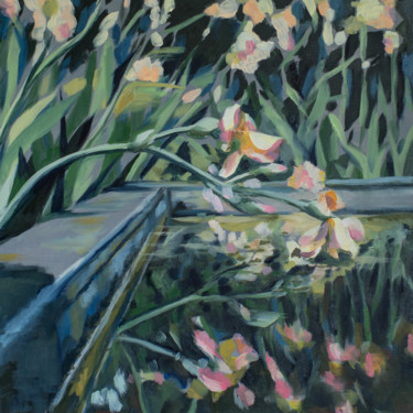 Painting titled "Garden Water Lilies" by Axel Jung, Original Artwork, Oil Mounted on Wood Stretcher frame