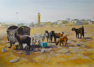 Painting titled "Goats in Jordan" by Axel Jung, Original Artwork, Oil Mounted on Wood Stretcher frame