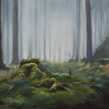 Malerei mit dem Titel "Moos Landschaft" von Axel Jung, Original-Kunstwerk, Öl Auf Keilrahmen aus Holz montiert
