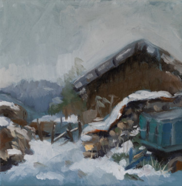 Painting titled "Barn in the snow" by Axel Jung, Original Artwork, Oil