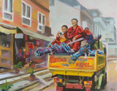 Pintura intitulada "Happy Monks" por Axel Jung, Obras de arte originais, Óleo