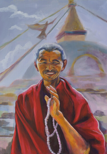 Schilderij getiteld "Tibetischer Mönch" door Axel Jung, Origineel Kunstwerk, Olie Gemonteerd op Frame voor houten brancard