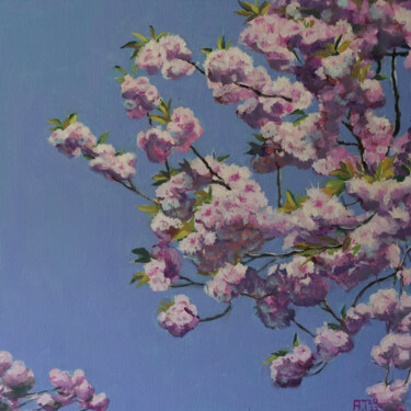 Painting titled "Kirschblüten vor de…" by Axel Jung, Original Artwork, Oil Mounted on Wood Stretcher frame