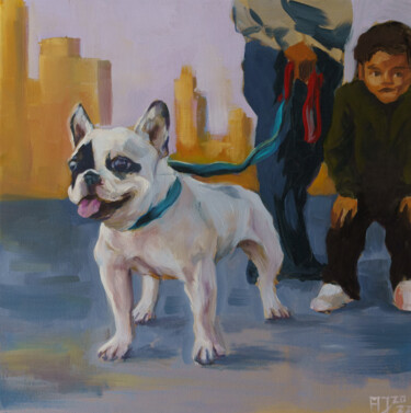 Картина под названием "Kleiner Hund mit kl…" - Axel Jung, Подлинное произведение искусства, Масло Установлен на Деревянная р…