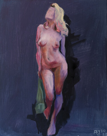 Schilderij getiteld "Pinup Akt Darya I" door Axel Jung, Origineel Kunstwerk, Olie Gemonteerd op Frame voor houten brancard