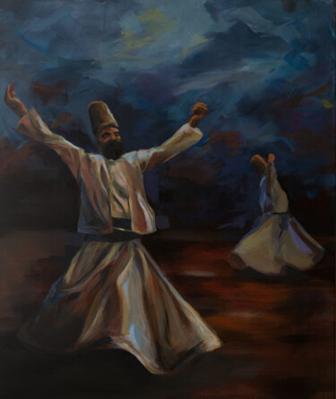 Painting titled "Sufi Derwische II" by Axel Jung, Original Artwork, Oil Mounted on Wood Stretcher frame