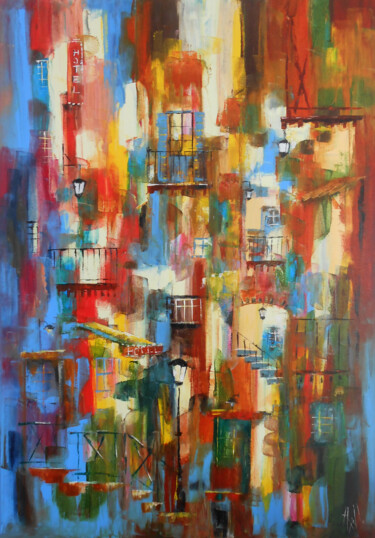 Painting titled "Ville aux mille cou…" by Axelle Bosler, Original Artwork, Oil Mounted on Wood Stretcher frame