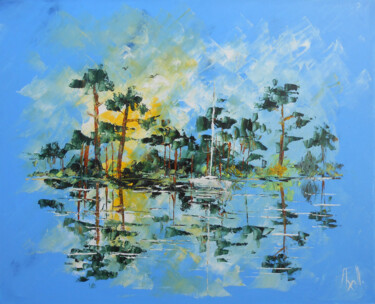 Painting titled "Lac Landais" by Axelle Bosler, Original Artwork, Oil Mounted on Wood Stretcher frame