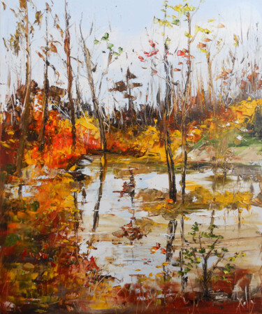Painting titled "Reflets d'Automne" by Axelle Bosler, Original Artwork, Oil Mounted on Wood Stretcher frame