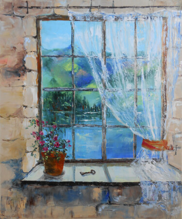 Peinture intitulée "Fenêtre vue sur la…" par Axelle Bosler, Œuvre d'art originale, Huile Monté sur Châssis en bois