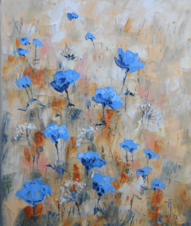 Painting titled "Les Pavots bleus" by Axelle Bosler, Original Artwork, Oil Mounted on Wood Stretcher frame