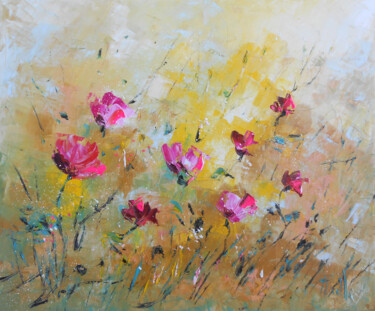 Painting titled "Fleurs au vent" by Axelle Bosler, Original Artwork, Oil Mounted on Wood Stretcher frame