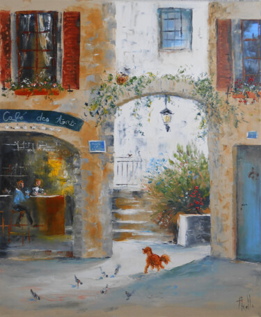 Painting titled "Le Café des Arts" by Axelle Bosler, Original Artwork, Oil Mounted on Wood Stretcher frame