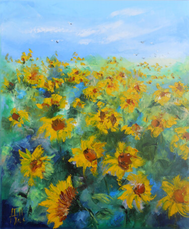 Painting titled "Les Tournesols" by Axelle Bosler, Original Artwork, Oil Mounted on Wood Stretcher frame