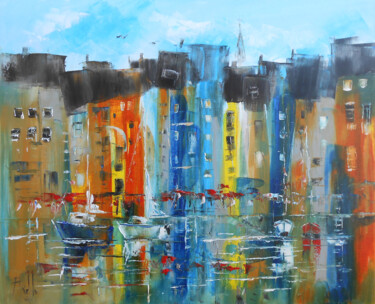 Painting titled "Couleurs d'Honfleur" by Axelle Bosler, Original Artwork, Oil Mounted on Wood Stretcher frame