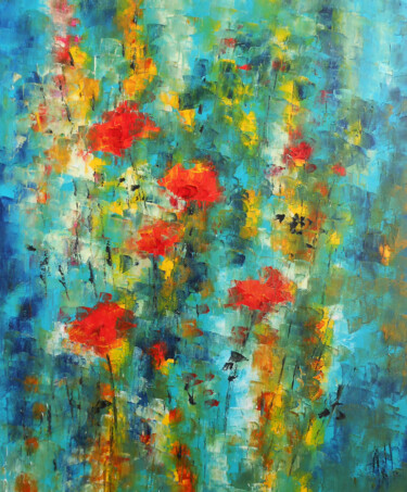 Painting titled "Coquelicots dans la…" by Axelle Bosler, Original Artwork, Oil Mounted on Wood Stretcher frame