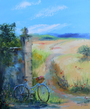 Painting titled "Le Vélo bleu" by Axelle Bosler, Original Artwork, Oil Mounted on Wood Stretcher frame