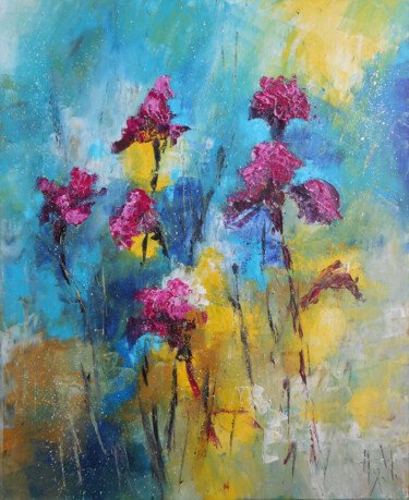 Painting titled "Iris mauves" by Axelle Bosler, Original Artwork, Oil Mounted on Wood Stretcher frame