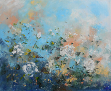 Painting titled "Roseraie blanche," by Axelle Bosler, Original Artwork, Oil Mounted on Wood Stretcher frame