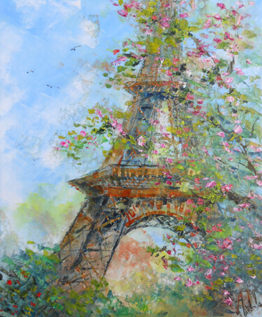 Painting titled "Paris au printemps" by Axelle Bosler, Original Artwork, Oil Mounted on Wood Stretcher frame